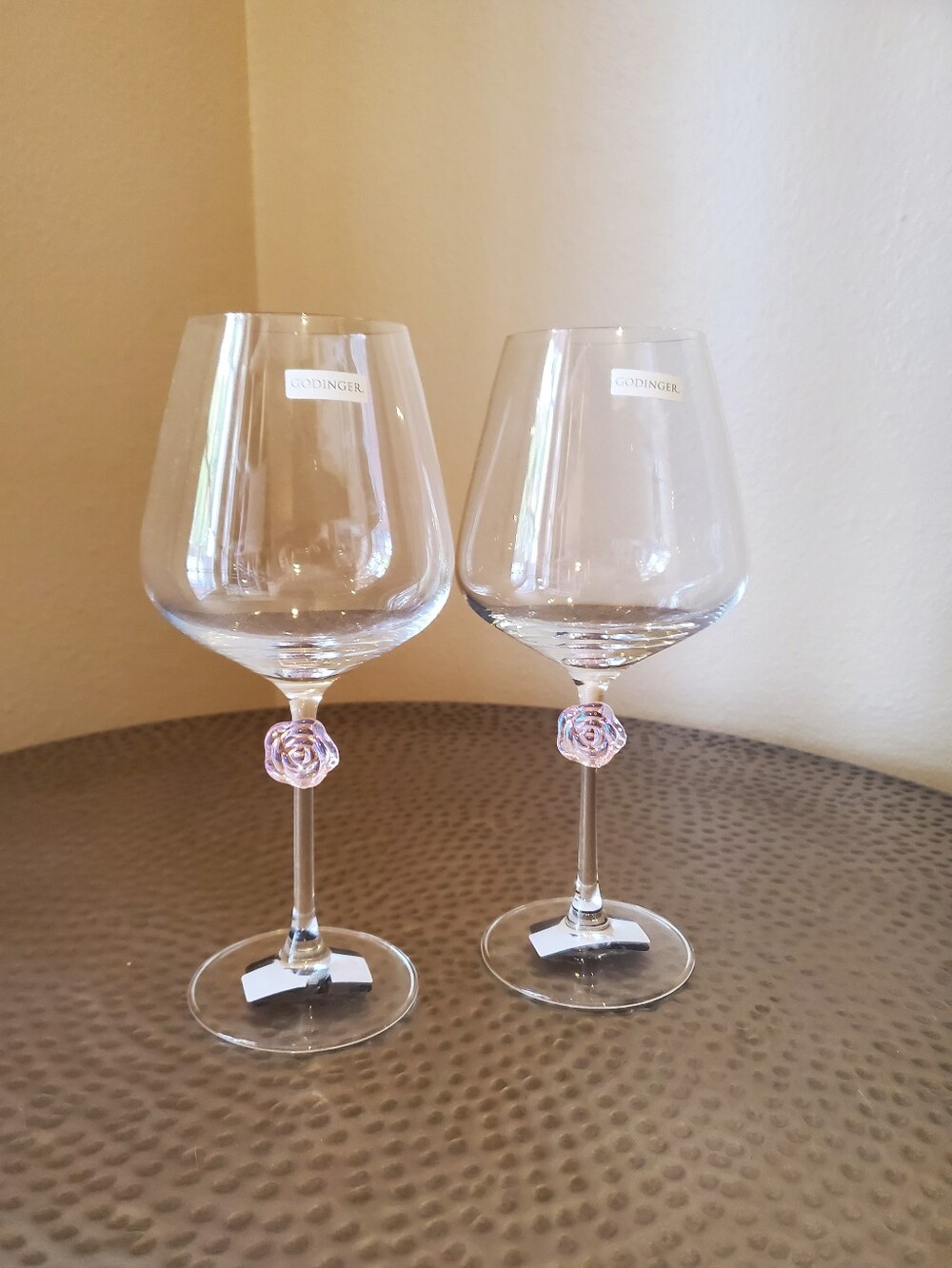 Godinger Wine Glasses with Iridescent Pink Rose Stem Accents - Set of 2